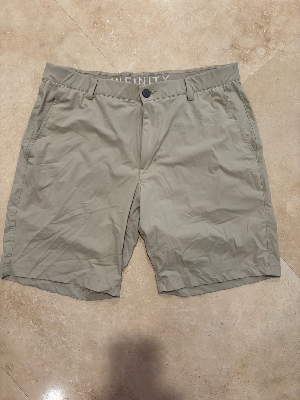 INFINITY Light Olive Flat-Front Performance Shorts - Size 34